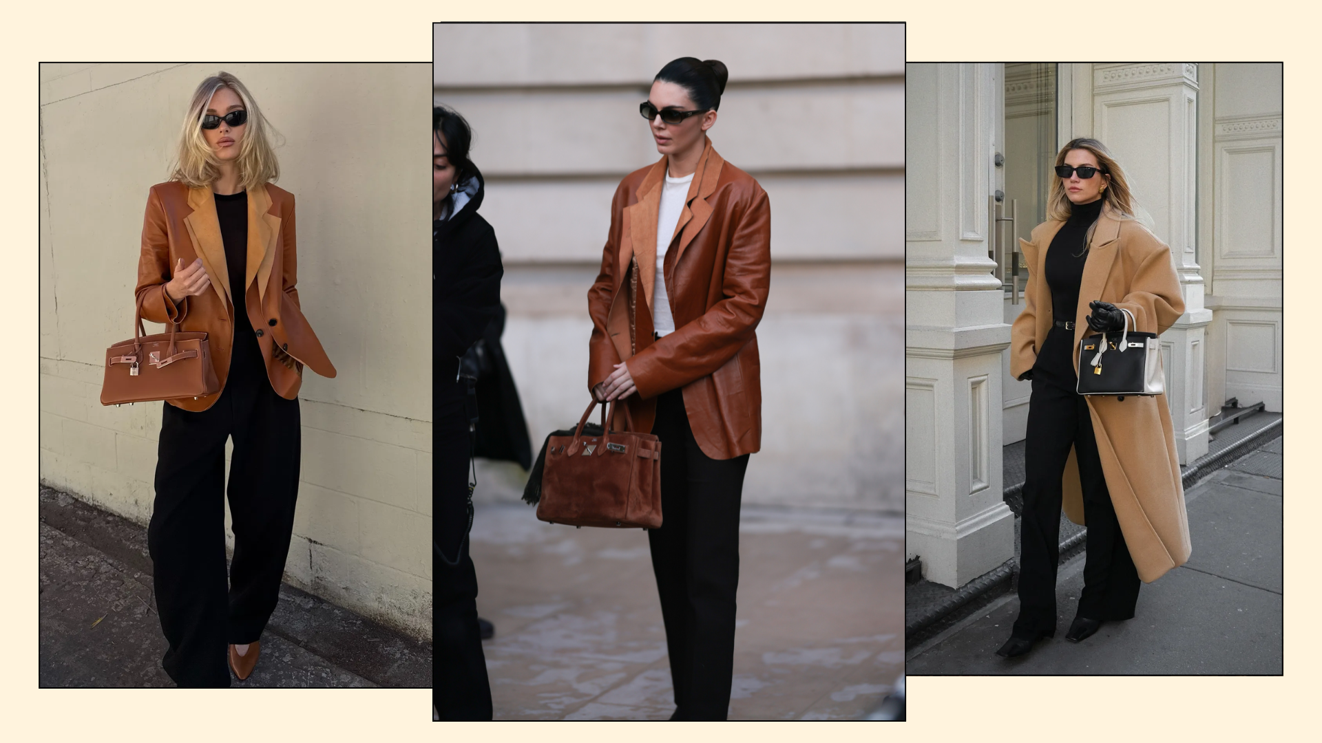 A collage of Hermès Birkin bags as styled by Elsa Hosk, Kendall Jenner and Cass DiMicco.