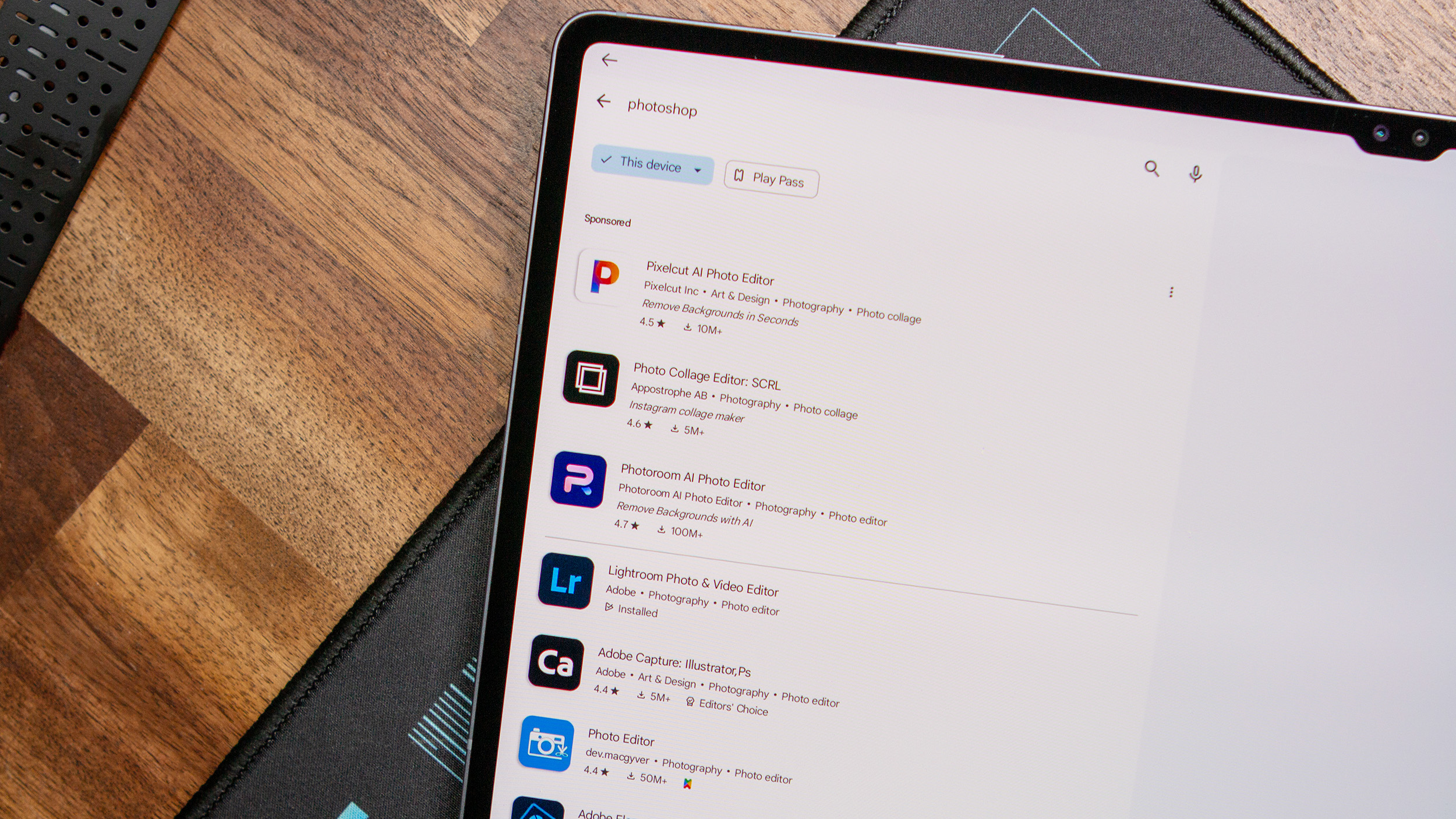Google Play Store search results for Photoshop on the Galaxy Tab S10 Ultra