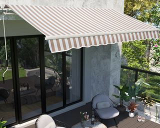 A classic stripe awning used as a deck shade