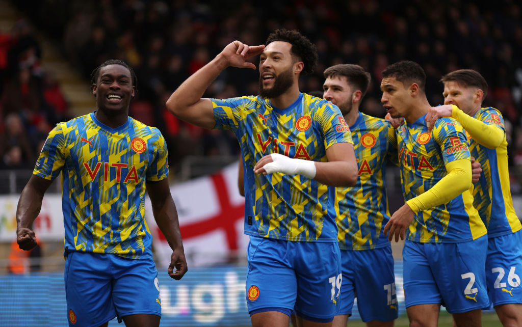 Kyle Wootton of Stockport County celebrates scoring his team's first goal during the Sky Bet League One match between Leyton Orient FC and Stockport County FC at Brisbane Road on February 01, 2025 in London, England.