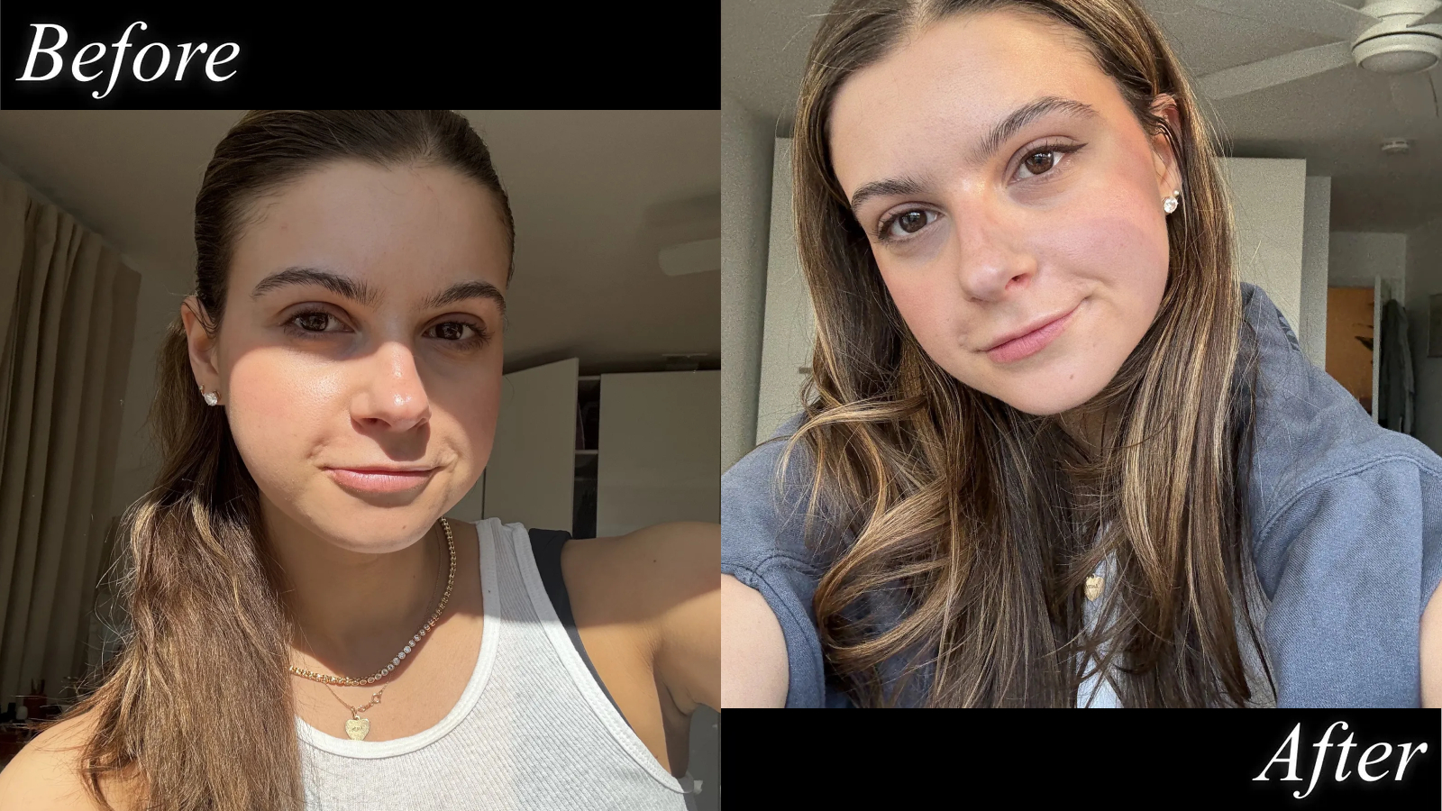 A girl with long brown hair in a ponytail and a white shirt and a girl with wavy brown hair down and a gray sweatshirt