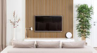 timber slatted wall panelling in modern living room