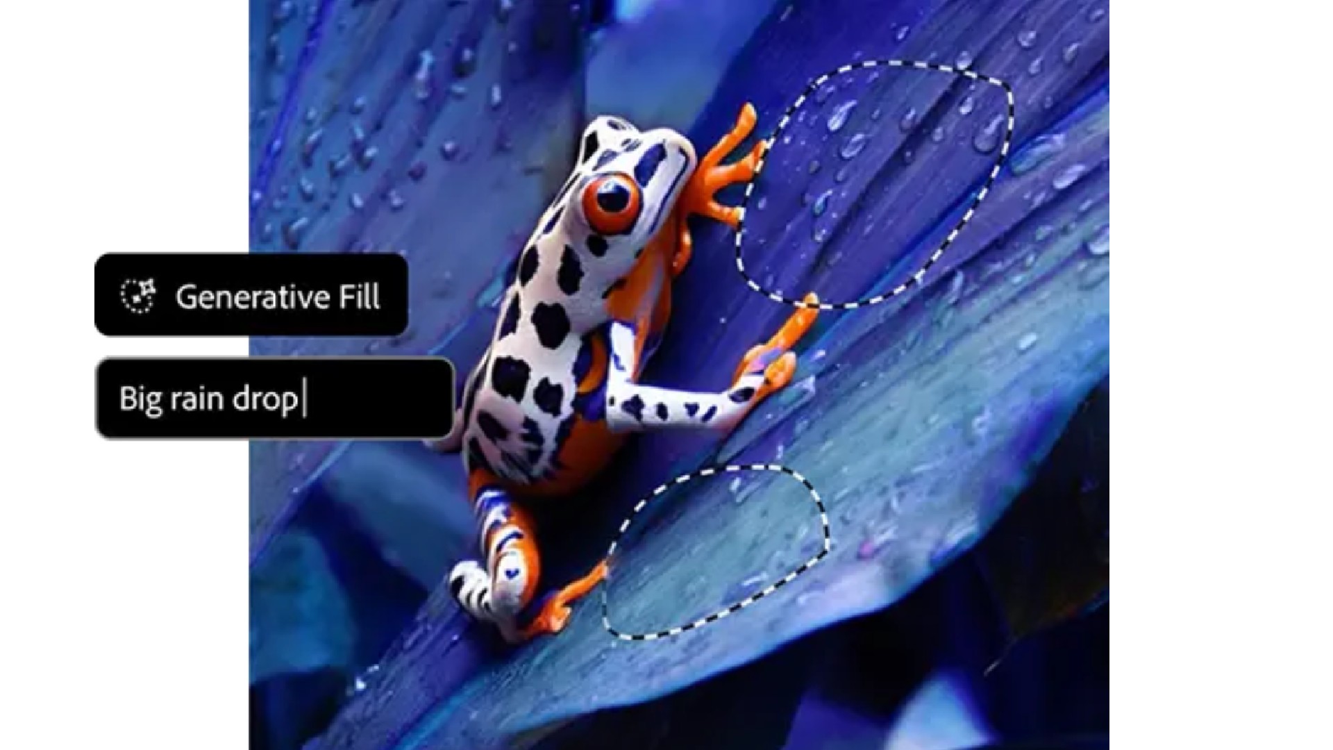 A screenshot of an image editing interface shows a vibrant, multi-colored frog, primarily white, black, and orange, perched on a large, deep blue-green leaf covered in small water droplets. Two dotted white outlines on the leaf indicate selected areas. A black text box with "Generative Fill" and another text box below it with "Big rain drop" are visible in the upper left corner of the image.