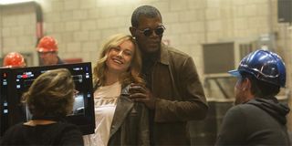 Brie Larson and Samuel L. Jackson on the set of Captain Marvel