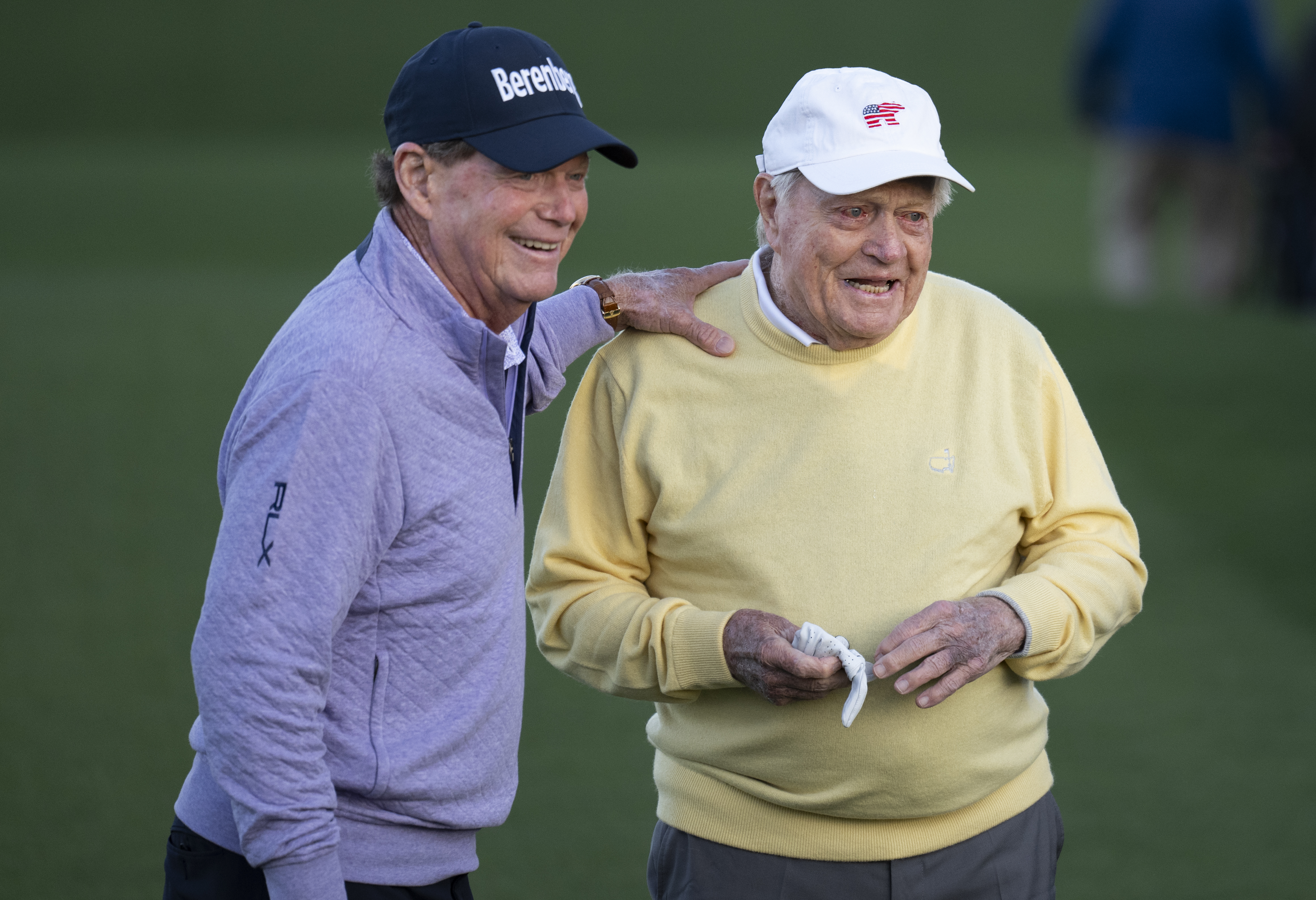 Tom Watson puts his hand on Jack Nicklaus' shoulder ahead of The Masters Honorary Starters teeing off in 2026