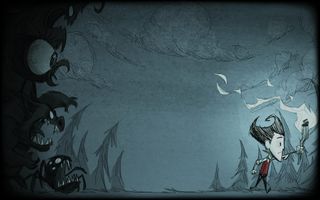 A man with a torch pursued by monsters in the dark