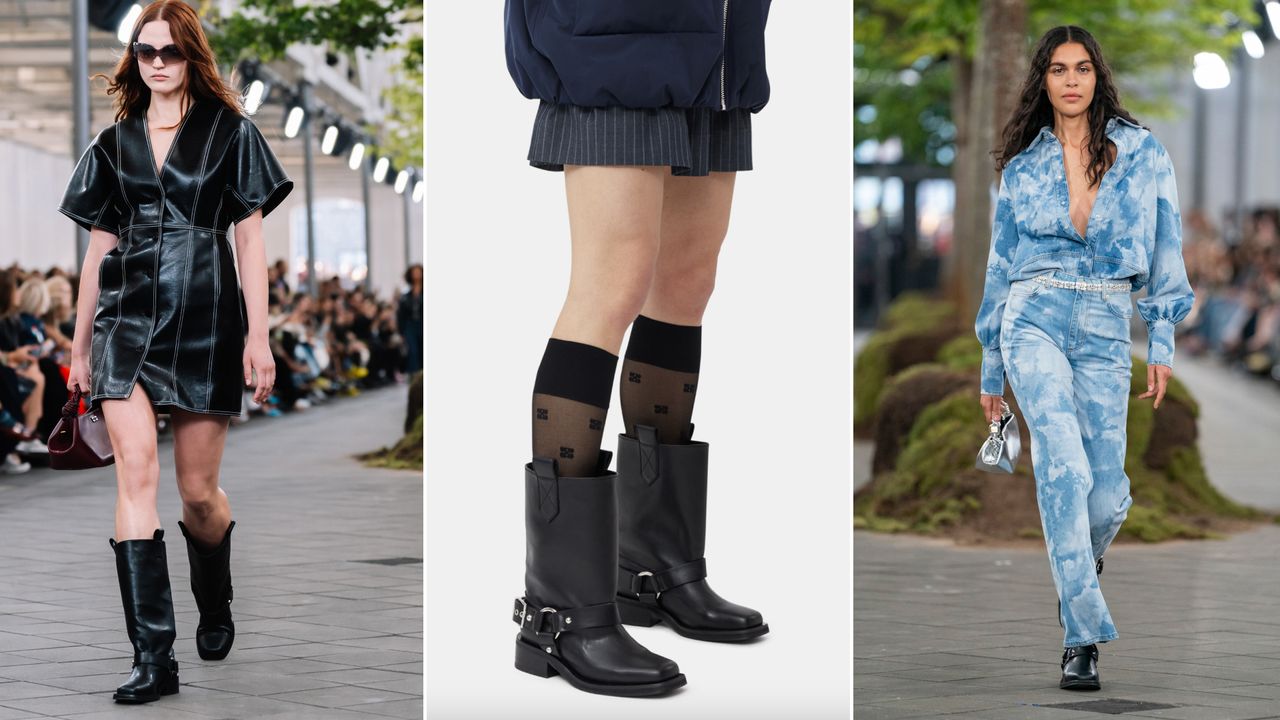 three models wear Ganni&#039;s mid-shaft moto boots while walking on the runway and standing in the Ganni studio