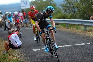 Chris Froome (Team Sky) looks back as he attacks race leader Alberto Contador (Tinkoff-Saxo)