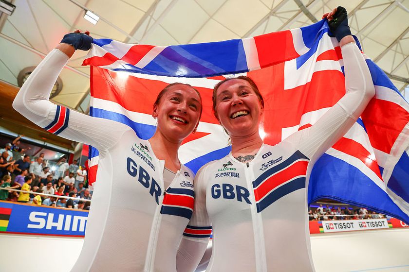 SANTIAGO, CHILE - OCTOBER 25: Madelaine Leech and Katie Archibald of Great Britain celebrate after winning in Women&amp;apos;s Madison during 2025 UCI Track World Championships at Velódromo de Peñalolén on October 25, 2025 in Santiago, Chile. (Photo by Marcelo Hernandez/Getty Images)