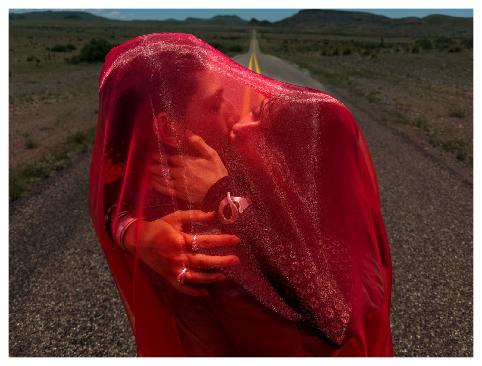 artwork of couple kissing beneath red veil