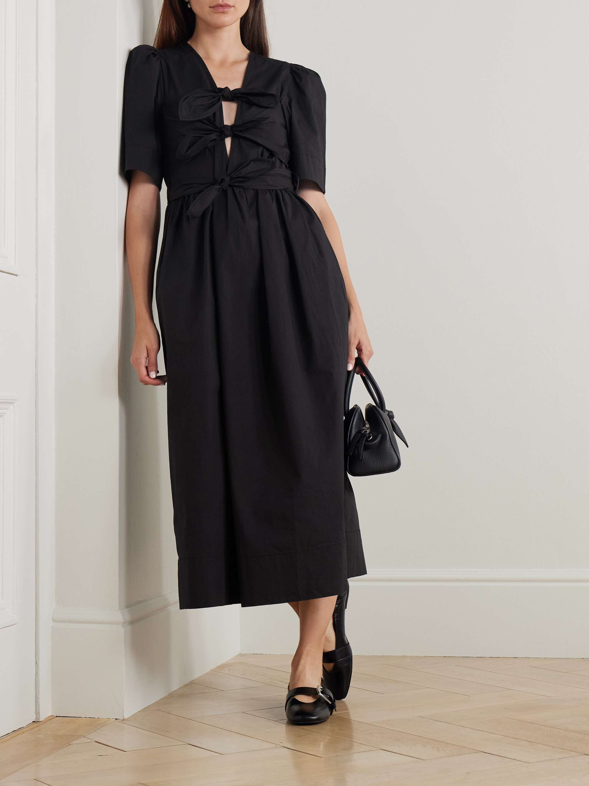 Belted Bow-Embellished Stretch-Cotton Poplin Midi Dress