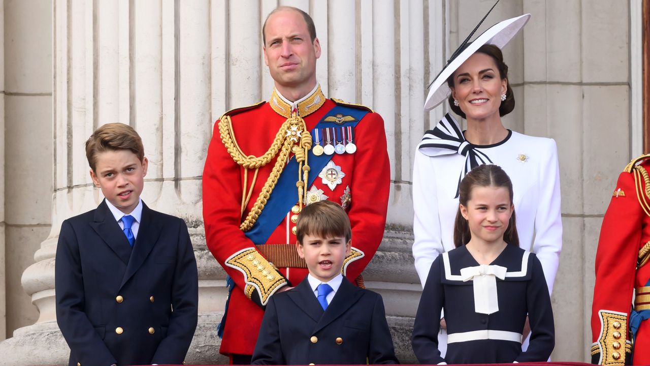 Prince George of Wales, Prince William, Prince of Wales, Prince Louis of Wales, Princess Charlotte of Wales and Catherine, Princess of Wales on the balcony of Buckingham Palace during Trooping the Colour 2024