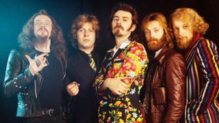 Jethro Tull posed in Amsterdam, Netherlands in 1972. Left to right: Ian Anderson, Barriemore Barlow (Barrie Barlow), Jeffrey Hammond, John Evan, Martin Barre