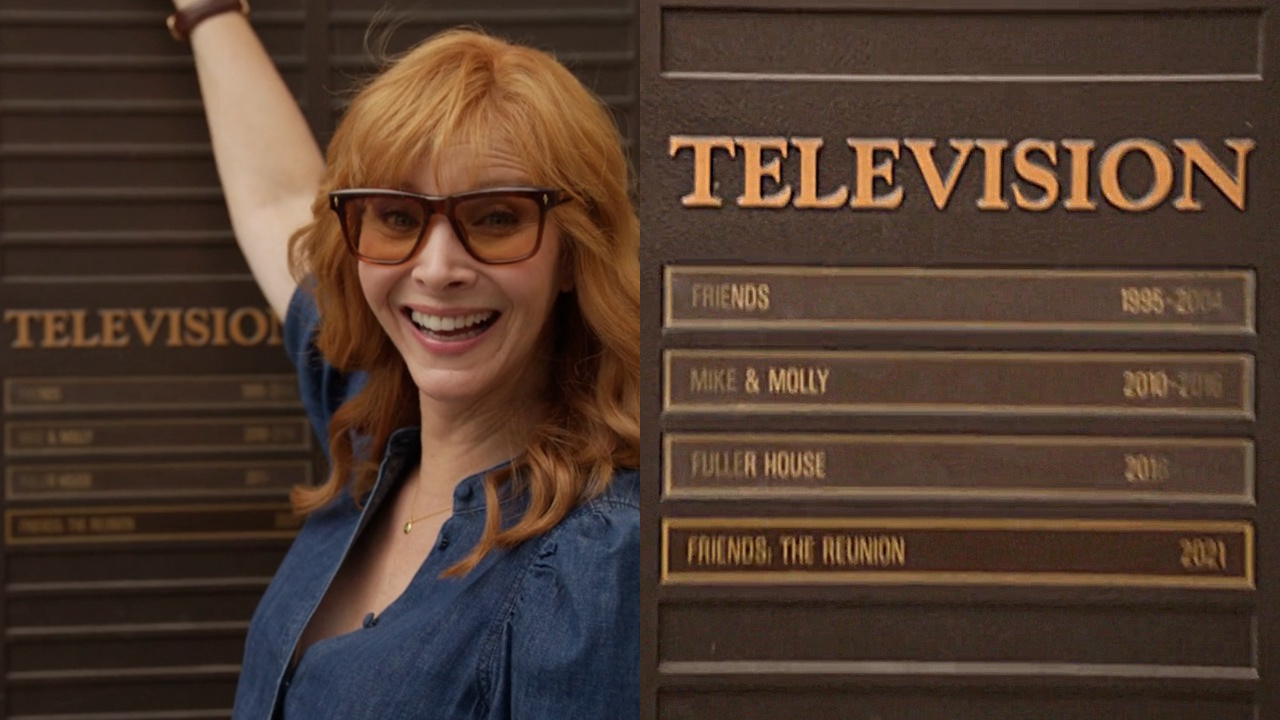 In side-by-side images, Lisa Kudrow as Valerie Cherish points to a movie on the Warner Bros. Stage 24 plaque, while a zoomed in portion of the plaque shows Friends and Friends: The Reunion listed.