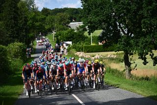 The pack of riders pictured in action during stage three of the Tour de France