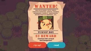 Turnip Boy's wanted poster, showing his $2 arrest reward and his numerous crimes.