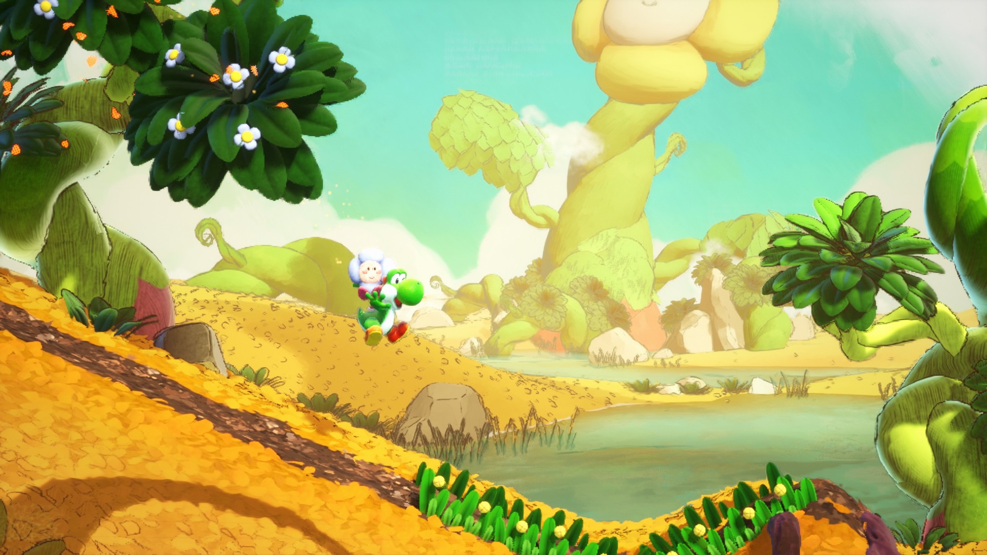 Yoshi jumps down a hill covered with flowers in Yoshi and the Mysterious Book