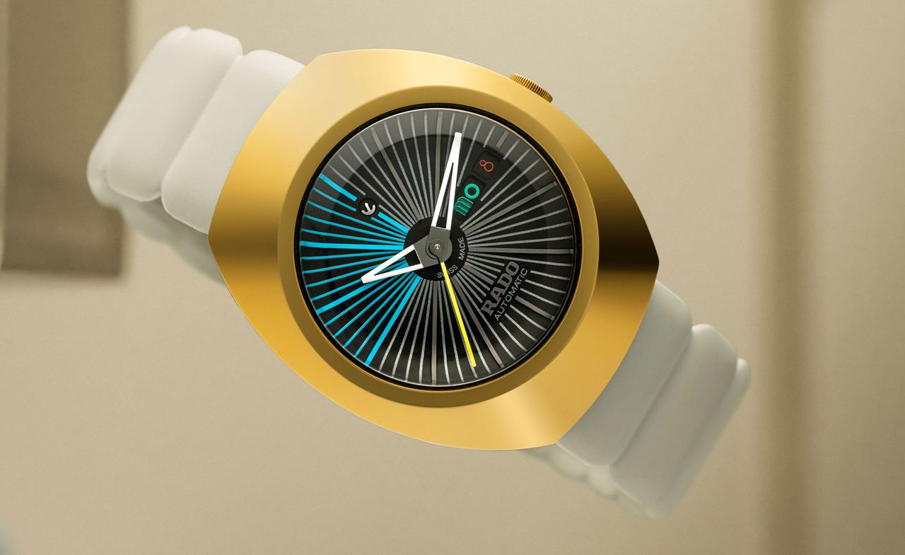 Rado DiaStar Original x Tej Chauhan watch, with futuristic dial, gold-coloured case, and white strap