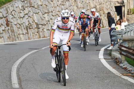 BERGAMO, ITALY - OCTOBER 11: Tadej Pogacar of Slovenia and Team UAE Team Emirates attacks in the chase group during the 119th Il Lombardia 2025 a 241km one day race from Como to Bergamo on October 11, 2025 in Bergamo, Italy. (Photo by Dario Belingheri/Getty Images)