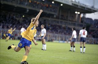 Tomas Brolin celebrates after scoring for Sweden against England at Euro 92.