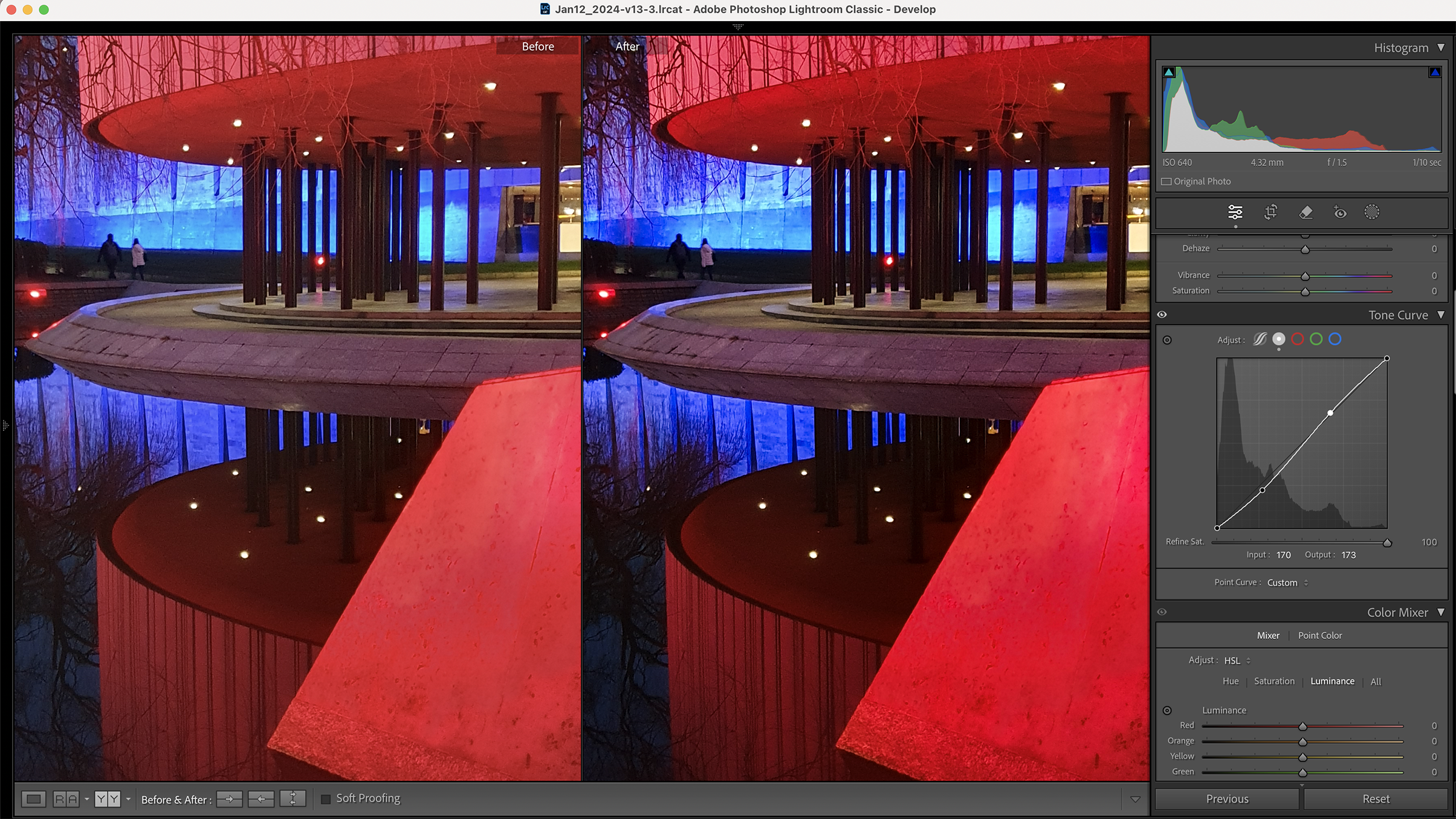 A dark, stylized image showcasing a modern building reflected in water, edited in Adobe Lightroom Classic with various adjustment panels visible