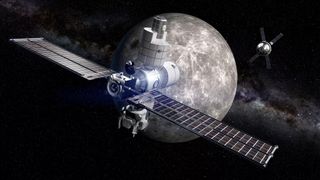 gateway space station backdropped by moon in artist's impression