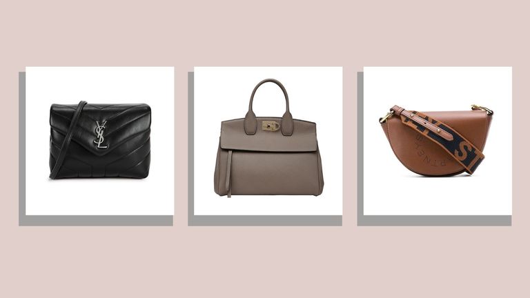 three of w&h's best designer bags picks—from YSL, Salvatore Ferragamo and Stella McCartney—on a light pink background with light grey shadows around each product image
