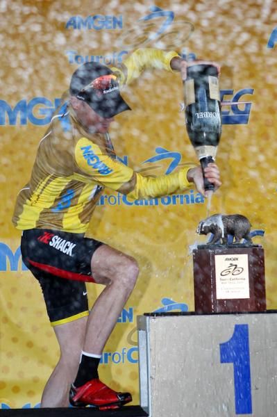 Race winner Chris Horner (Radioshack) salutes the iconic California state bear.