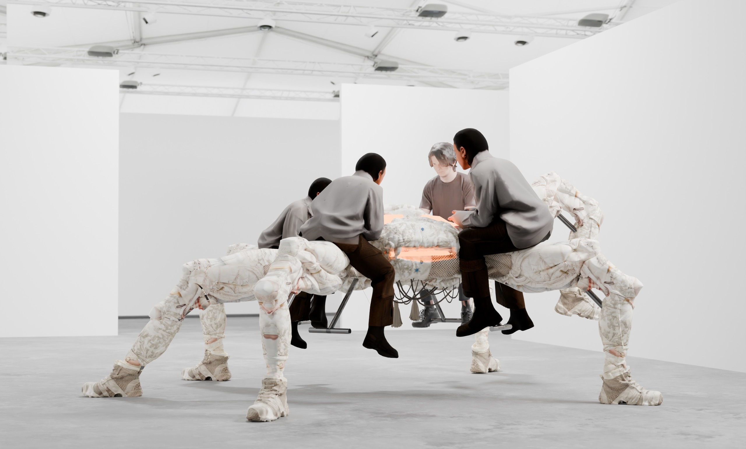 A contemporary art sculpture designed to look like a futuristic spider. Each leg is operated by an individual 