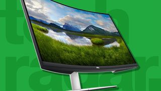 Dell S3221QS 4K curved monitor showing a photo of a landscape on a green background