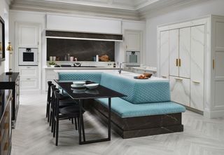 kitchen island ideas with seating, turquoise banquette bench in marble kitchen island