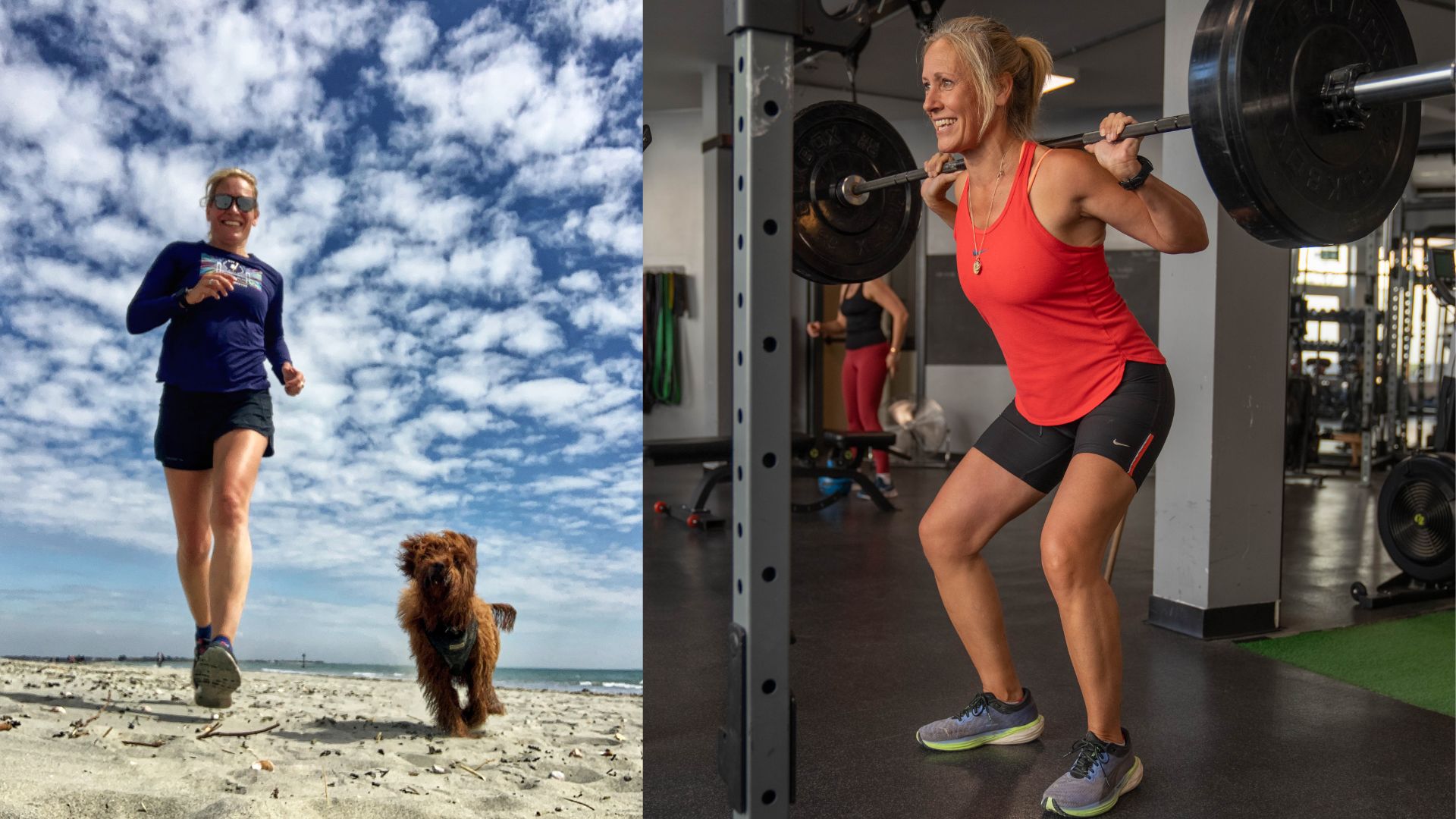 Sophie Raworth running with dog Luna on the beach and strength training in the gym