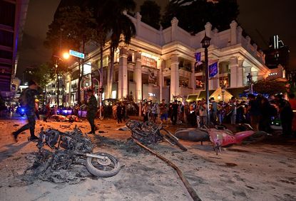 The destruction caused by a bomb in Bangkok, Thailand.