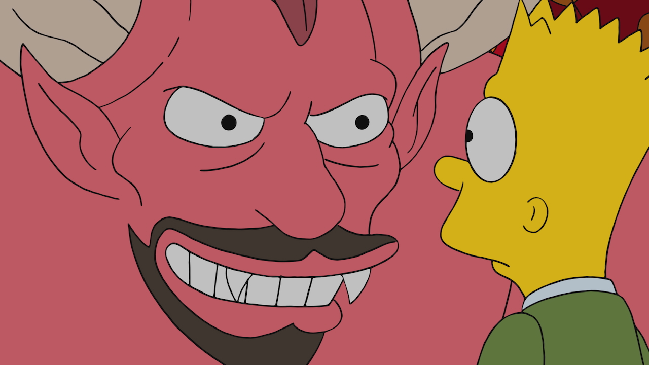 The Devil smiling and staring into Bart&#039;s eyes in The Simpsons Treehouse of Horror XXXVI