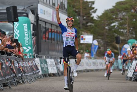 LAGUNAS DE NEILA, SPAIN - AUGUST 08: Giulio Pellizzari of Italy and Team Red Bull - BORA - hansgrohe celebrates at finish line as stage winner during the 48th Vuelta a Burgos 2026, Stage 5 a 137km stage from Caleruega to Lagunas de Neila 1866m on August 08, 2026 in Lagunas de Neila, Spain. (Photo by Antonio Baixauli/Getty Images)