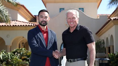 Greg Norman shakes hands with Asian Tour Commissioner 