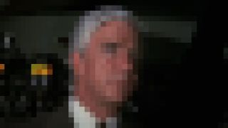 Leslie Nielsen standing in the cockpit in Airplane!, pixelated.