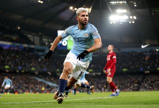 Sergio Aguero celebrates after scoring for Manchester City against Liverpool, 2019