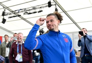 Kalvin Phillips plays darts with the media