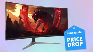 Acer Nitro ED340CU Gaming Monitor on colored background with dragon graphic on display with Tom's Guide Price Drop badge