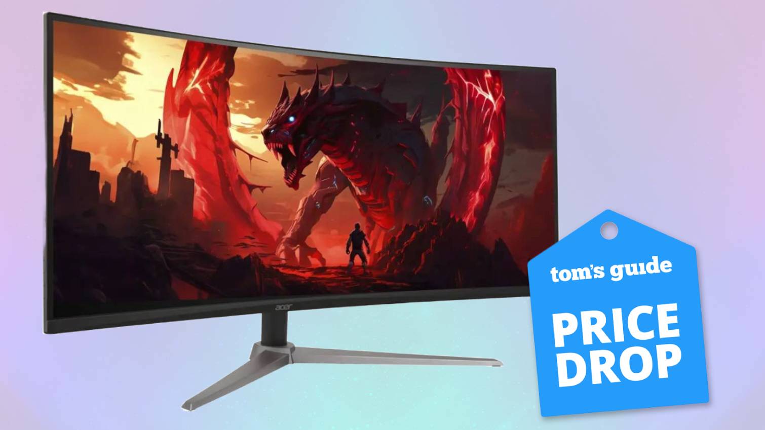 Acer Nitro ED340CU Gaming Monitor on colored background with dragon graphic on display with Tom's Guide Price Drop badge