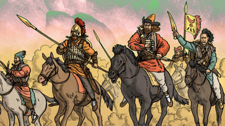 A band of warriors on horseback charge into battle.