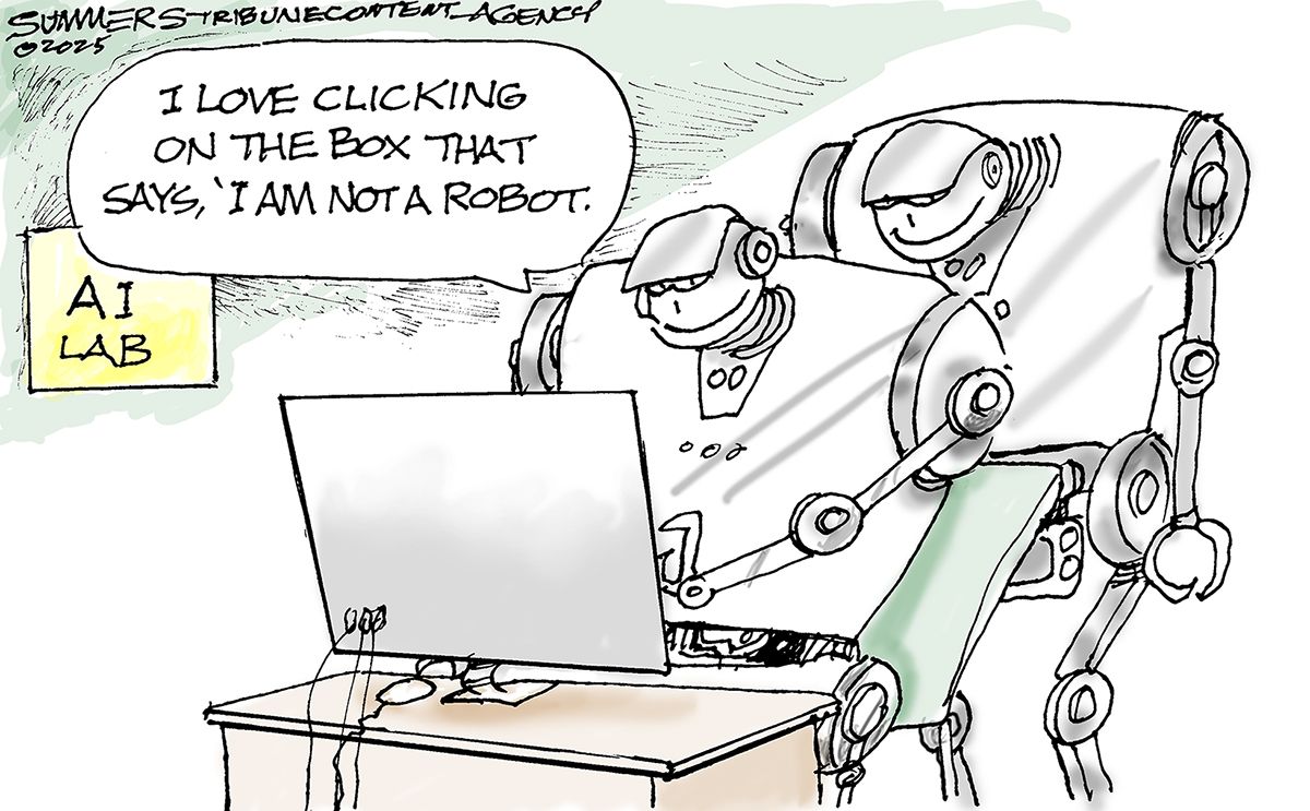 
                                Two human-like robots are working together on a computer in an AI Lab. They both smile and one says, “I love clicking on the box that says I am not a robot.”
                            