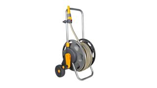 best garden hose: Hozelock 60m Assembled garden Hose Cart, grey and yellow with metal stand and wheels