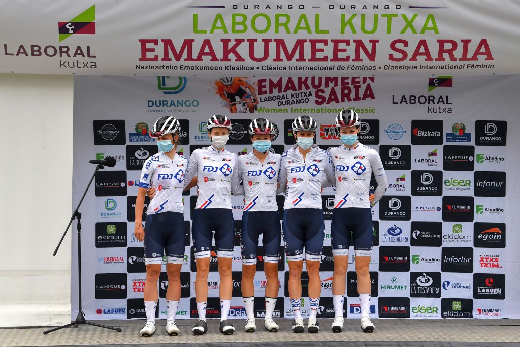 DURANGO SPAIN MAY 18 Brodie Chapman of Australia Victorie Guilman of France Marie Le Net of France Cecilie Uttrup Ludwig of Denmark Evita Muzic of France and Team FDJ Nouvelle Aquitaine Futuroscope during the 20th DurangoDurango Emakumeen Saria 2021 a 1157km stage from Durango to Durango scduranguesa DurangoDurango2021 on May 18 2021 in Durango Spain Photo by Luc ClaessenGetty Images