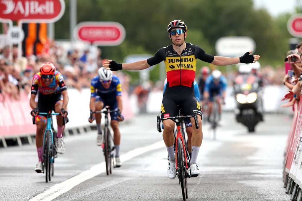 GATESHEAD ENGLAND SEPTEMBER 10 Wout Van Aert of Belgium and Team Jumbo Visma celebrates winning during the 17th Tour of Britain 2021 Stage 6 a 198km stage from Carlisle to Gateshead TourofBritain TourofBritain on September 10 2021 in Gateshead England Photo by Alex LiveseyGetty Images