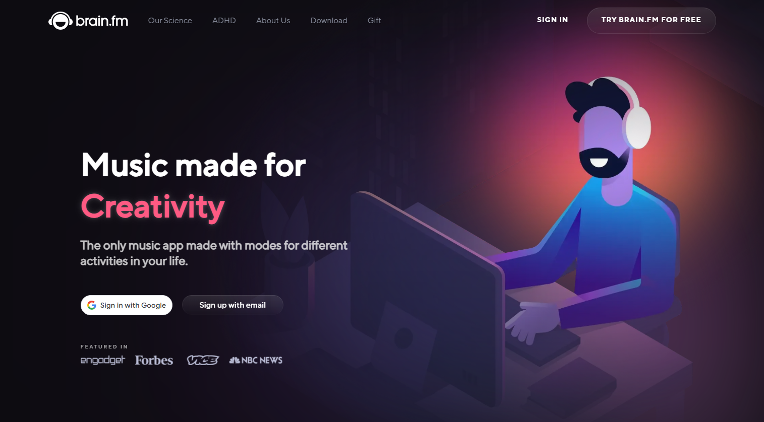 A screenshot of Brain.fm webpage