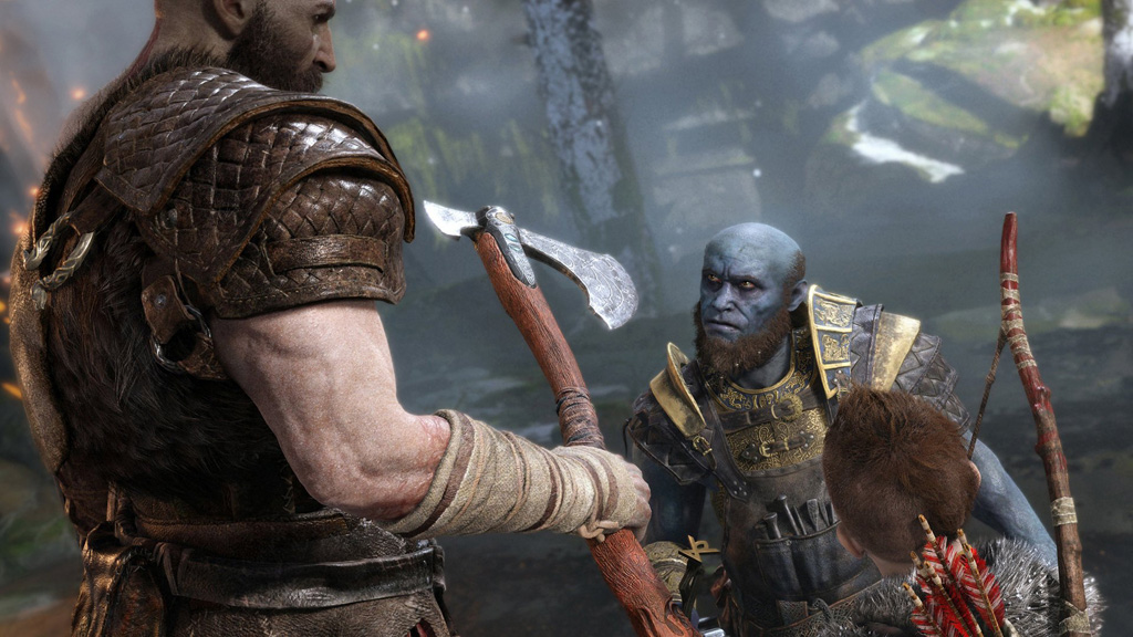 Kratos talking to Sindri in God of War