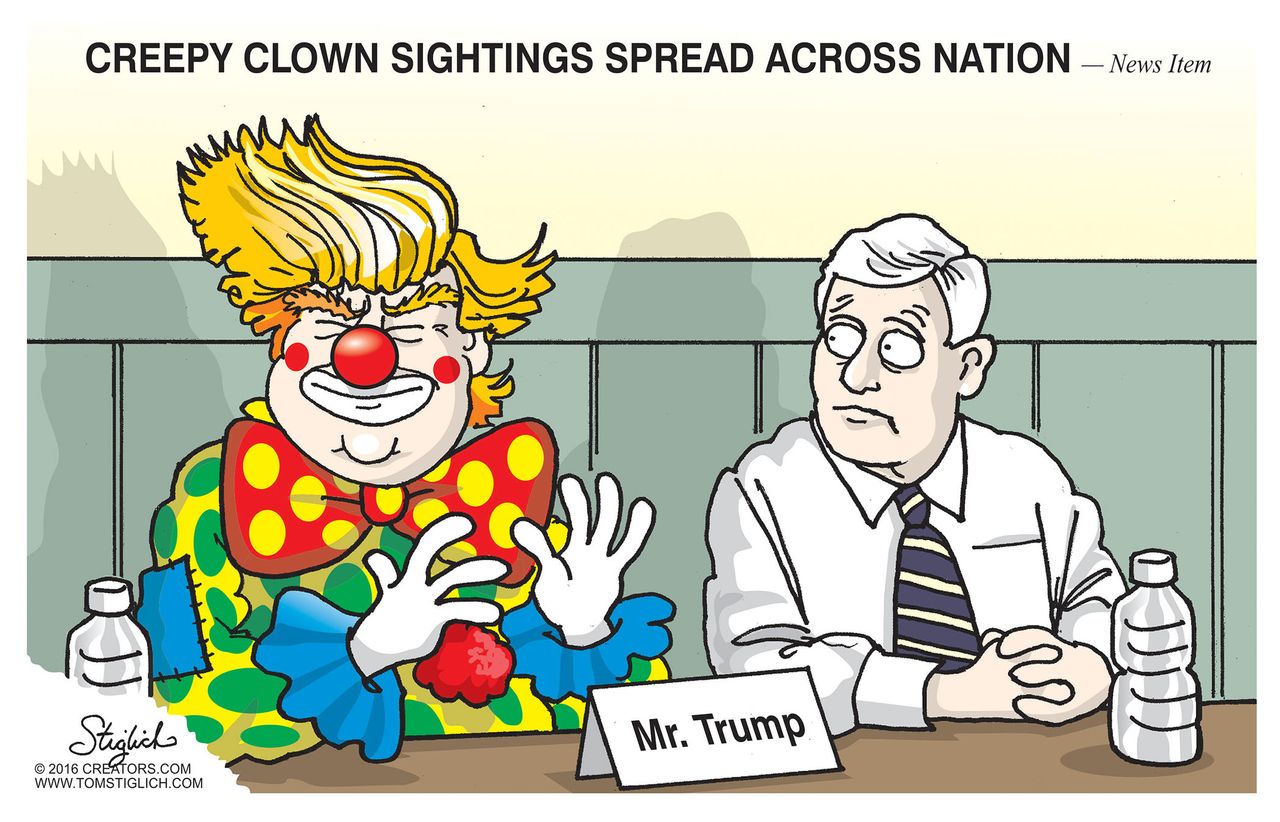 Political cartoon U.S. 2016 election Donald Trump Creepy Clown sightings