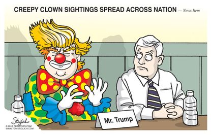 Political cartoon U.S. 2016 election Donald Trump Creepy Clown sightings